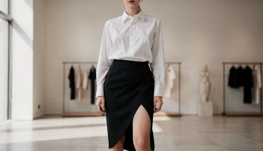 Camicia bianca oversize (Chanel) e gonna nera asimmetrica, l’outfit 2026 che rivoluziona l’eleganza classica assoluta