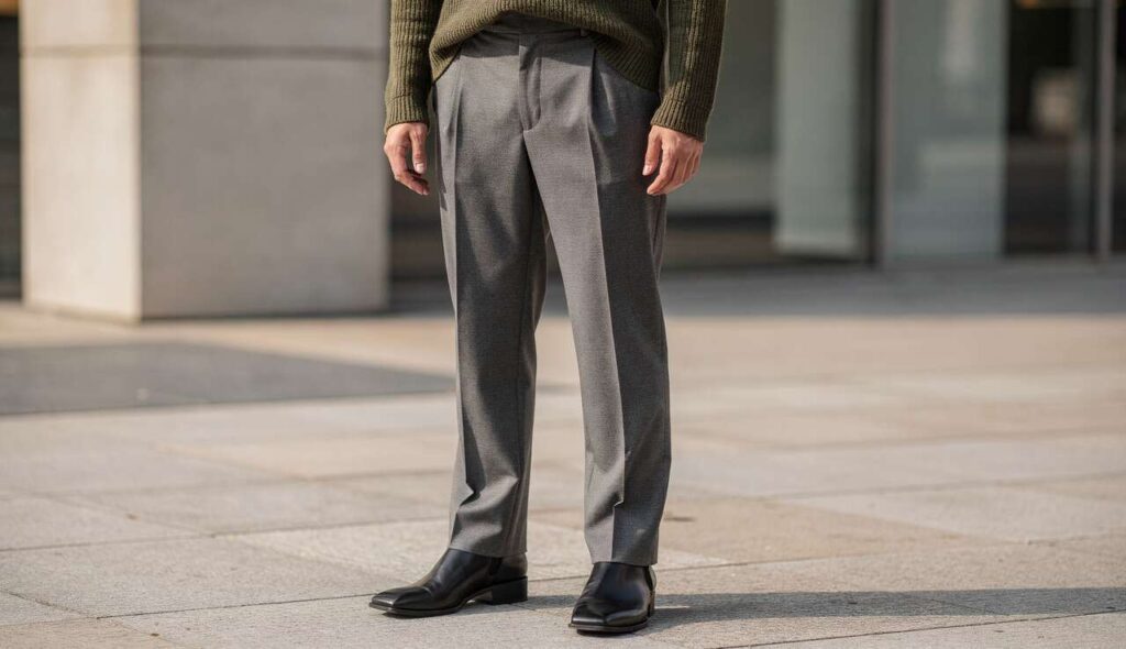 Pantaloni grigi sartoriali, maglioncino verde oliva e stivali squadrati, il look da rich mum all’insegna del Lusso tranquillo